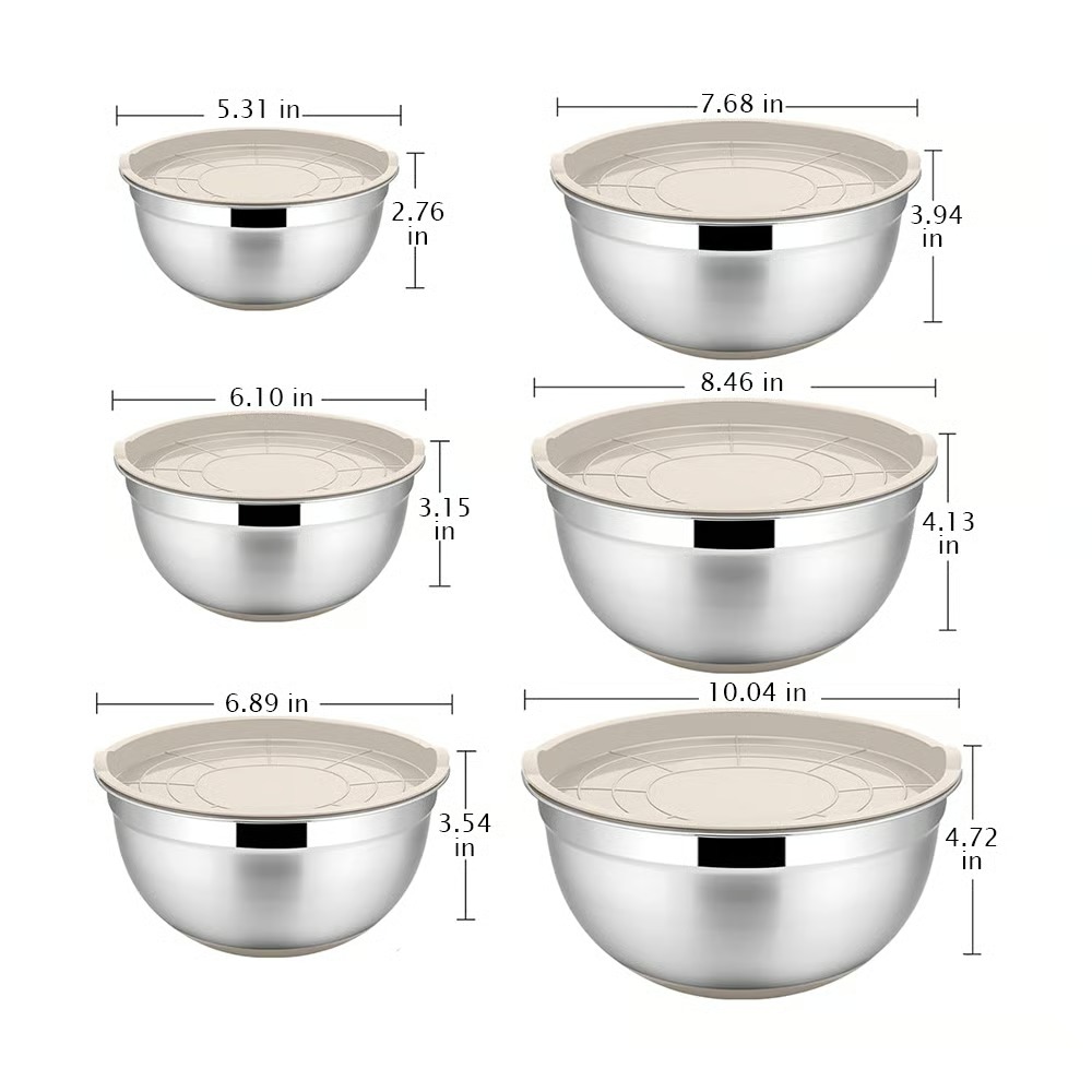 🥗 Stainless Steel Nested Mixing Bowl Set - 6 Pieces, with Lid and Grater