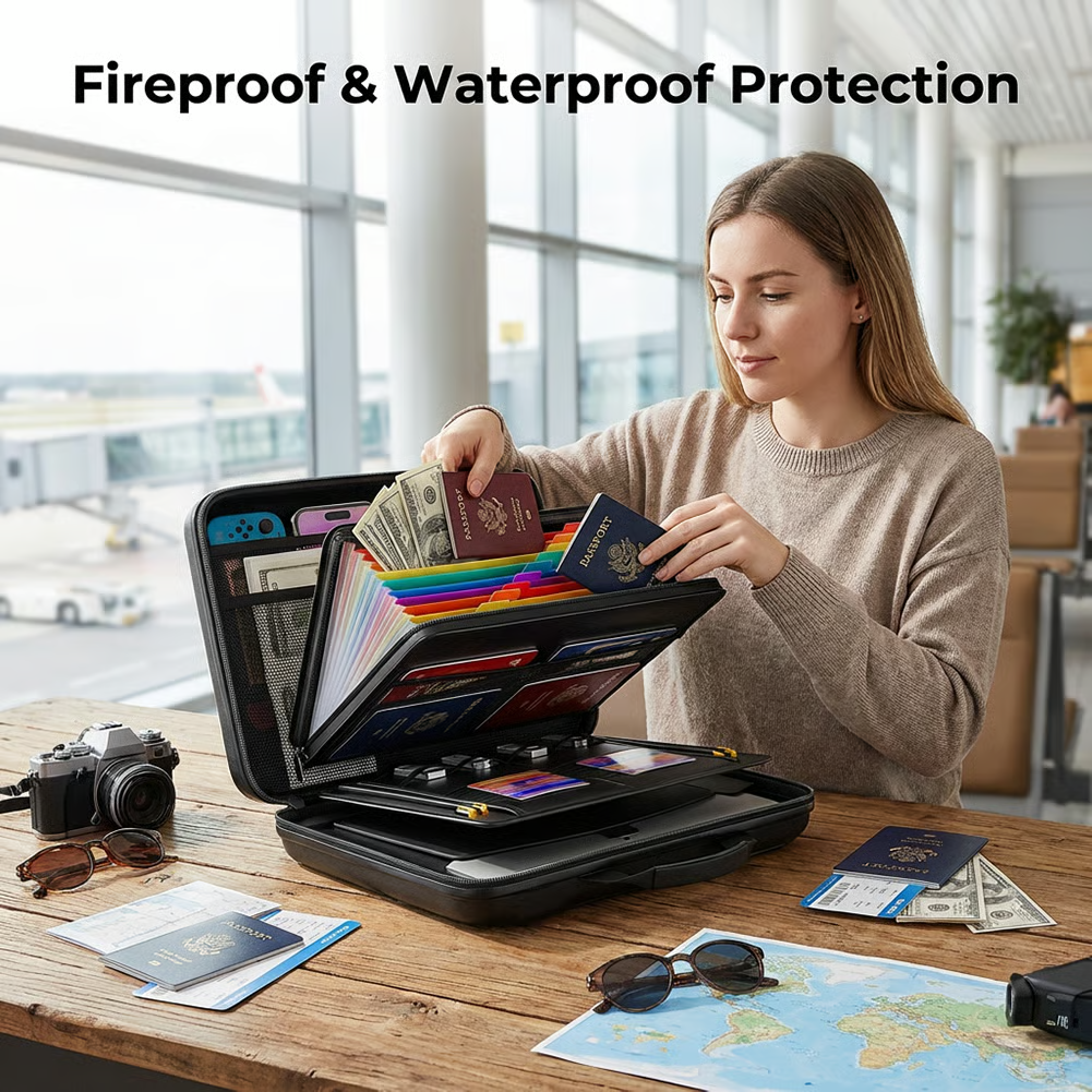 🔐 Hard-Shell Fireproof & Waterproof Document Organizer with Lock