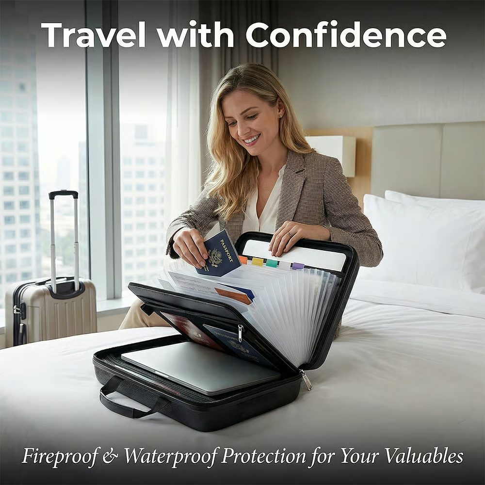 🔐 Hard-Shell Fireproof & Waterproof Document Organizer with Lock