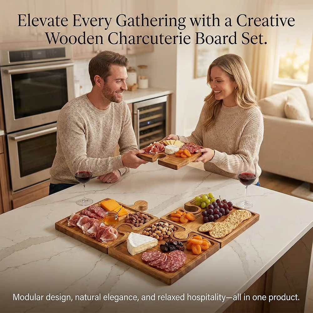 🧀 Wooden Puzzle Charcuterie Board Set with Handles