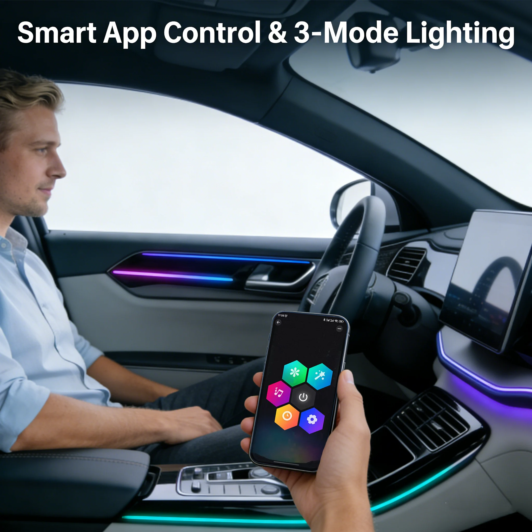 🚗3-Control Acrylic LED Car Interior Ambient Lighting