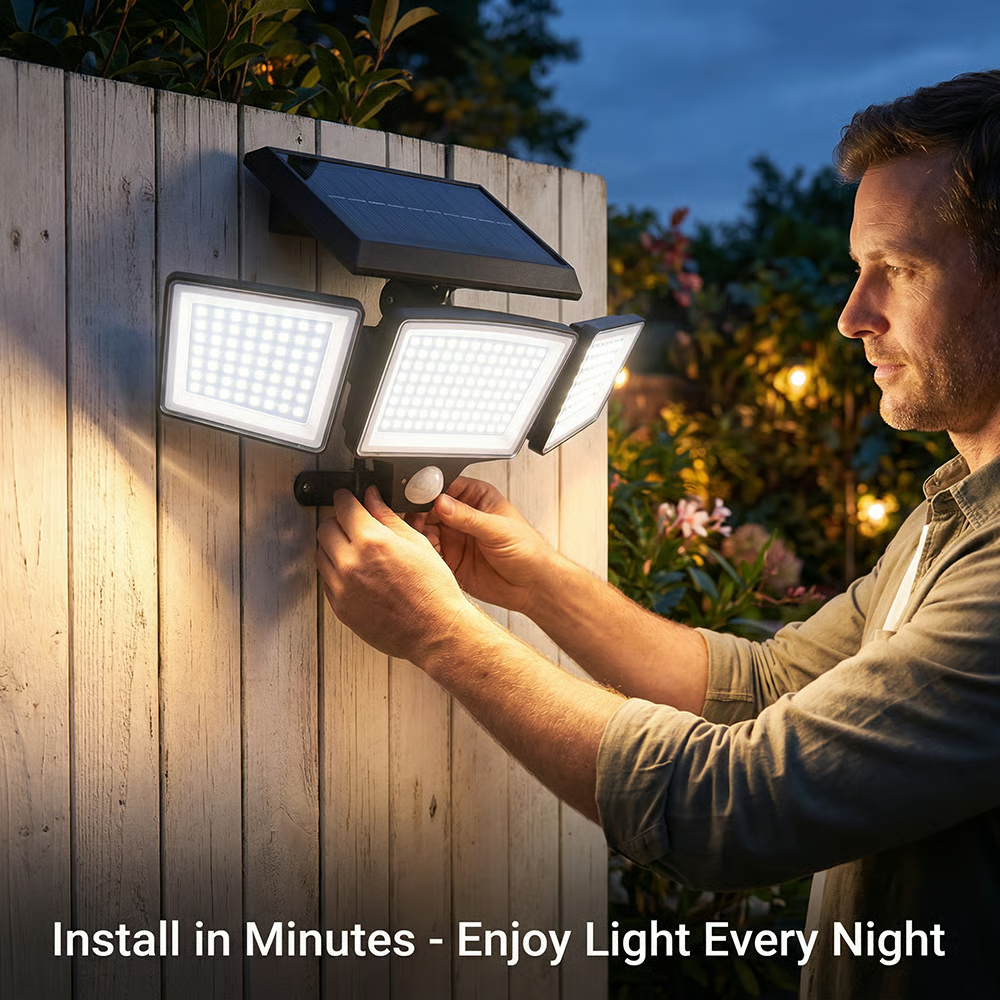 🌞 Three-Head Solar-Powered Sensor Wall Lamp - Smart Wireless Outdoor Lighting