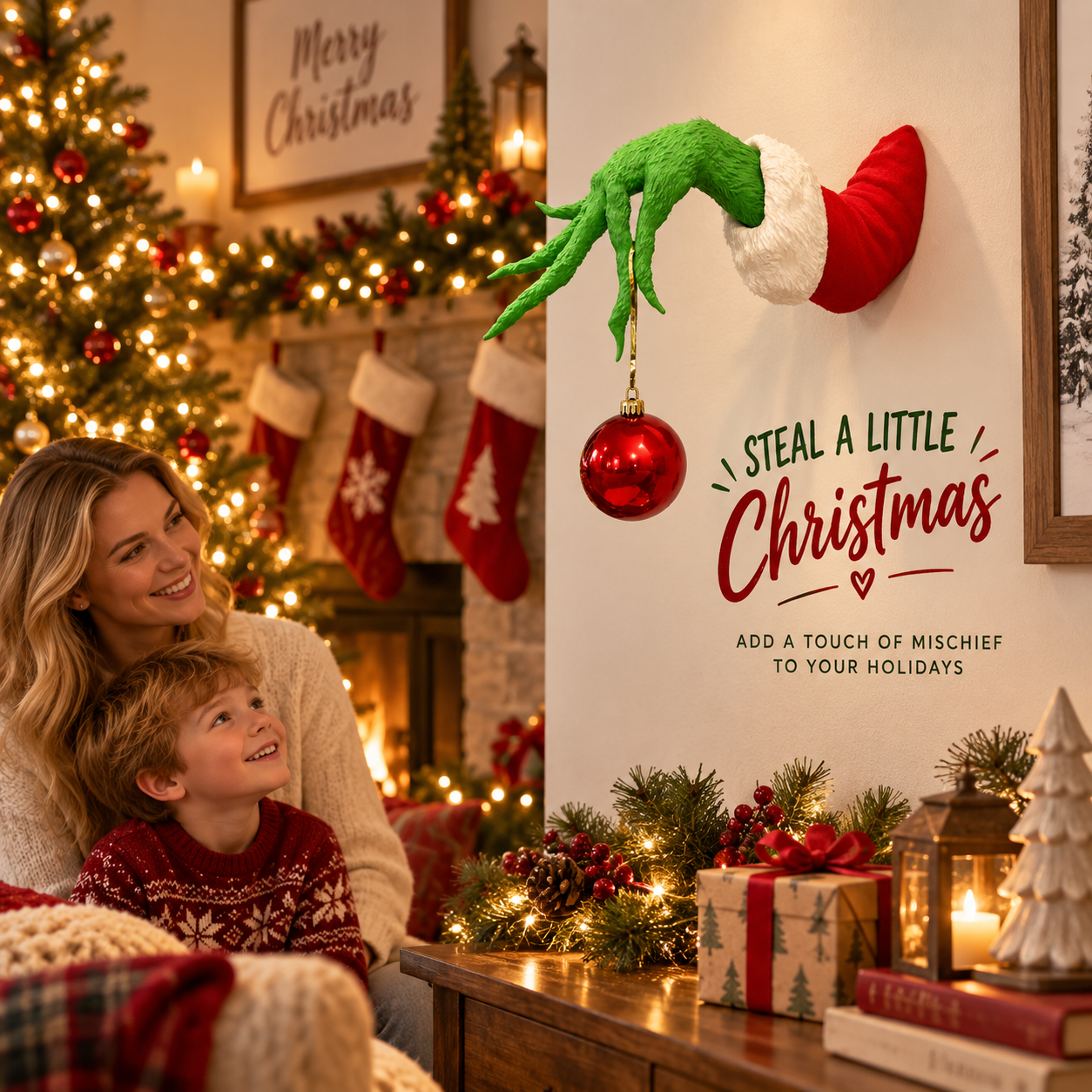 Green Christmas hand wall decor in a family room