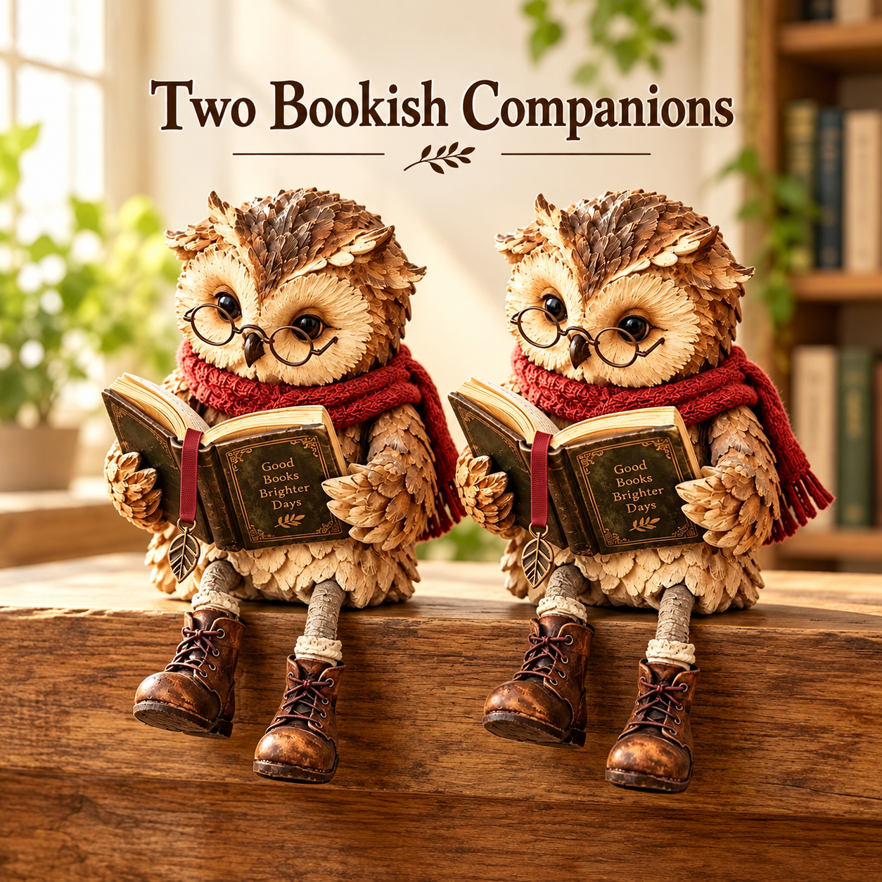 Two identical reading owl figurines