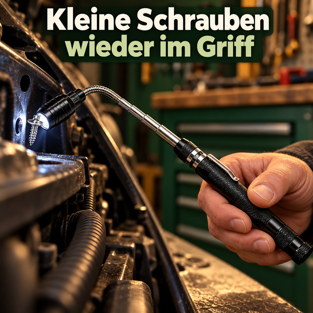 Kleine Schrauben wieder im Griff – schwarze Teleskop-Magnetlampe mit silbernem Schaft