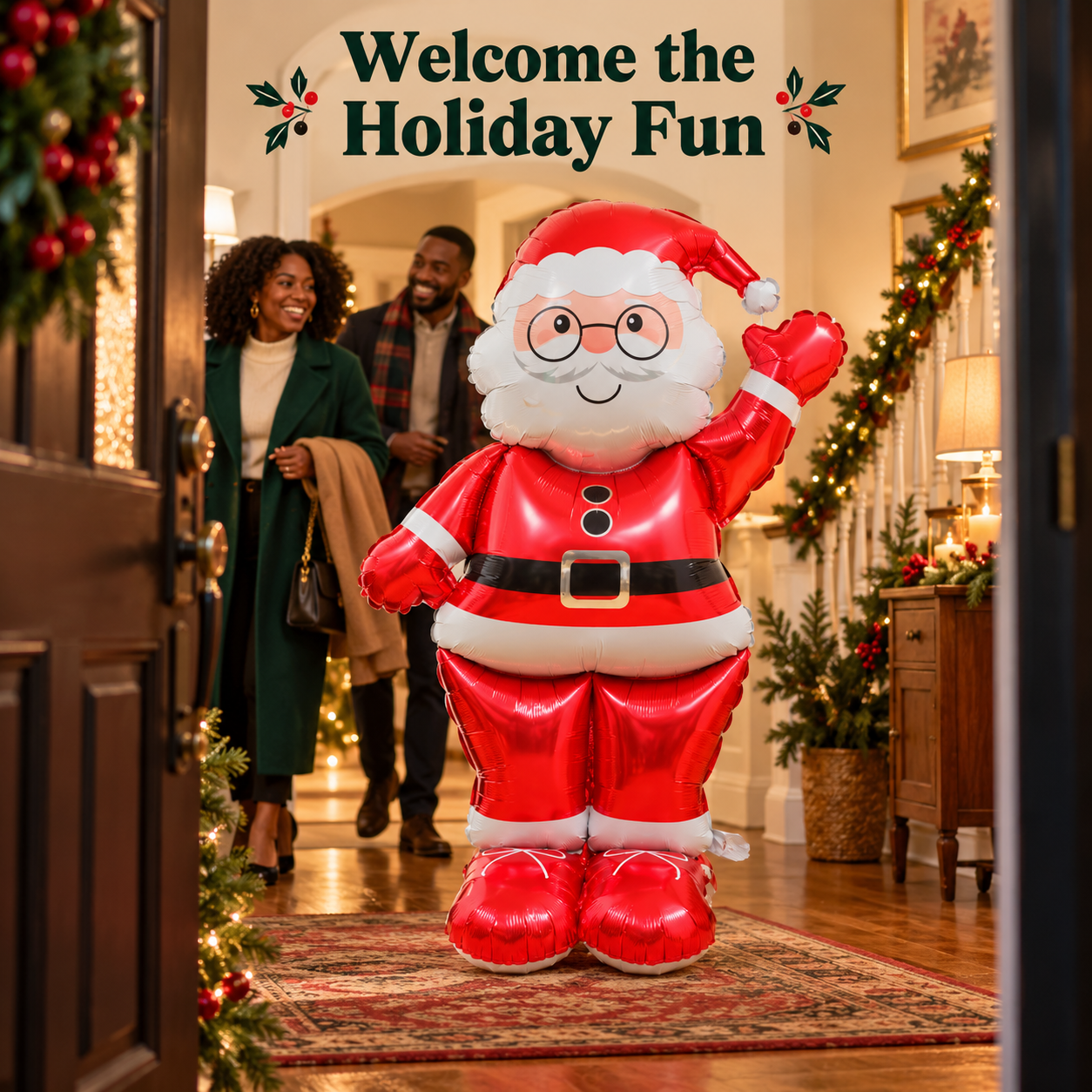 Santa balloon beside adults arriving at a home gathering