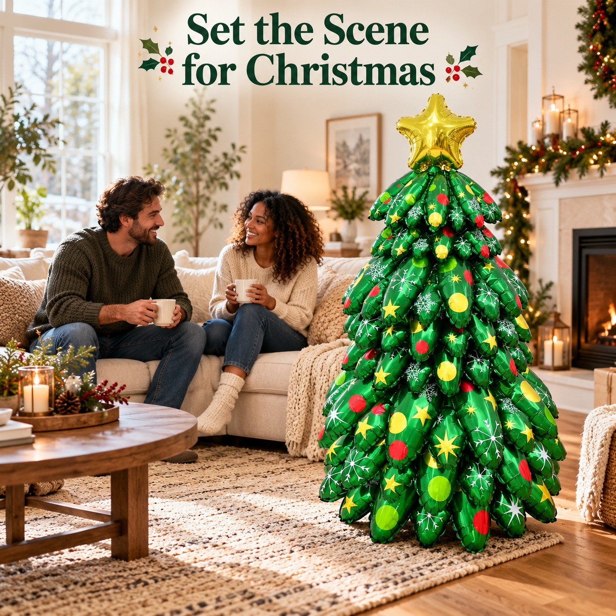 Adults relaxing beside a green Christmas balloon tree