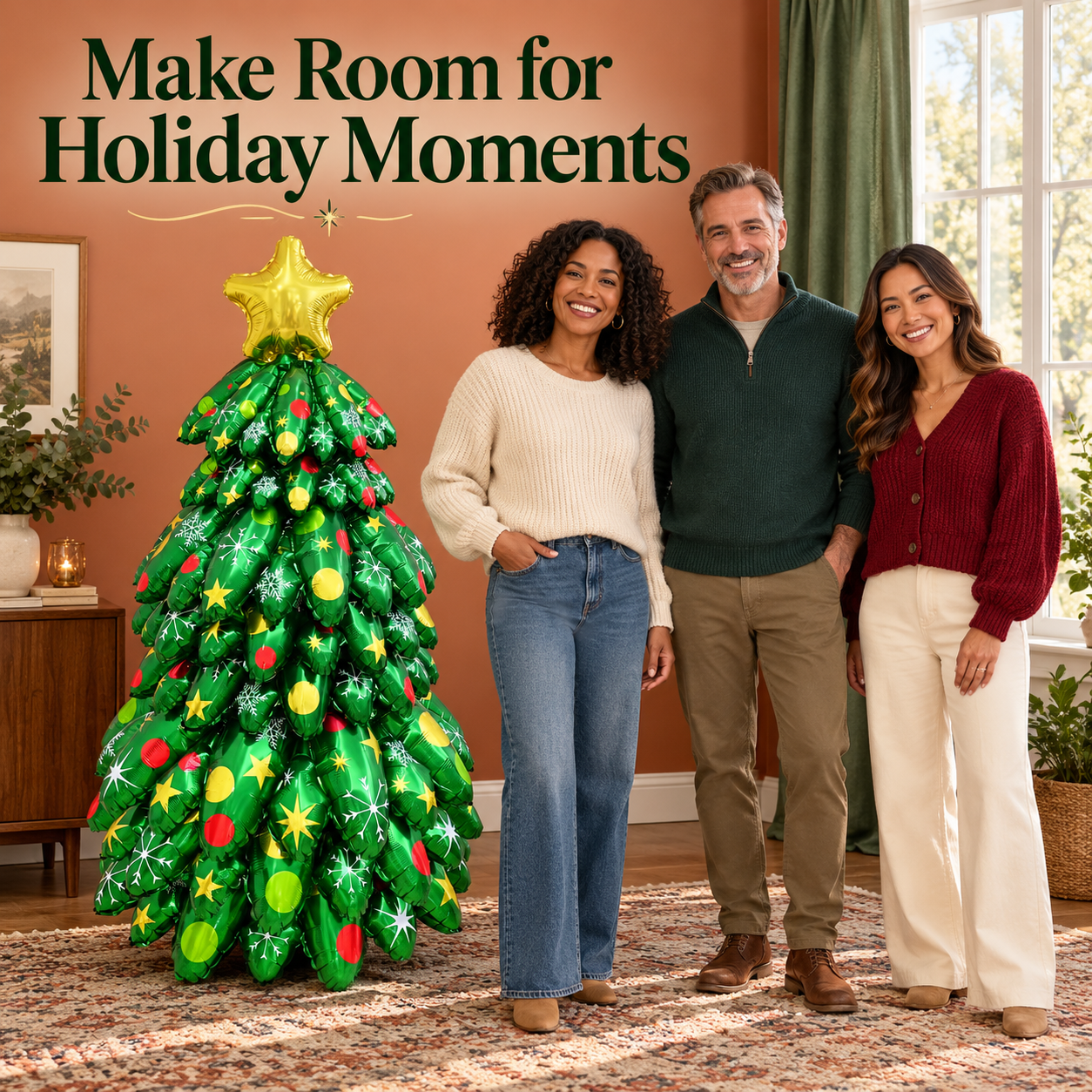 Adult relatives posing beside a green Christmas balloon tree
