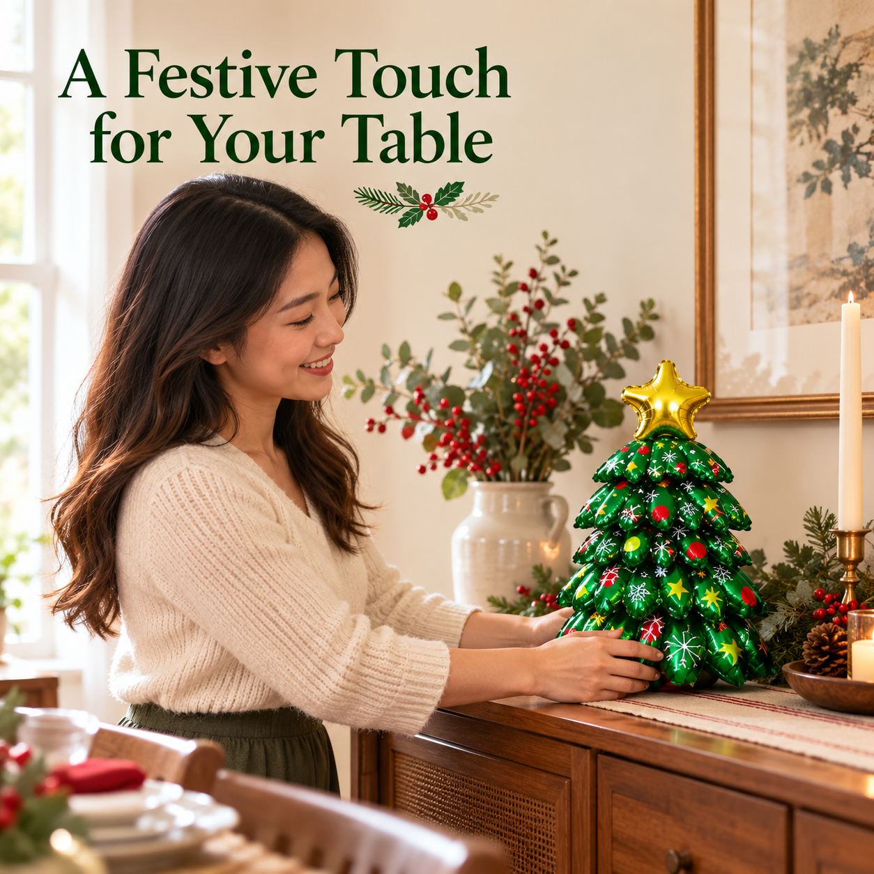 An adult arranging a small green balloon Christmas tree on a sideboard