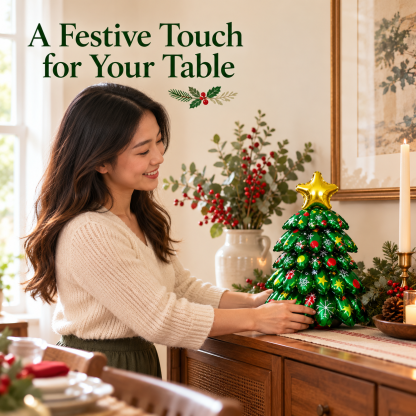 An adult arranging a small green balloon Christmas tree on a sideboard
