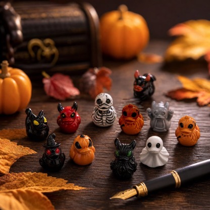 Halloween duck figures arranged on a wooden table