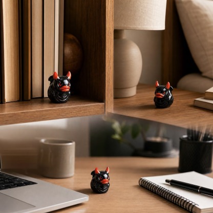 Small devil duck figures on a bookshelf