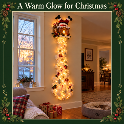 Santa chimney wall hanging with a glowing snowy cascade in an inviting entryway