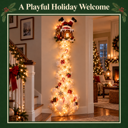 Santa chimney wall hanging with a glowing snowy cascade in an inviting entryway