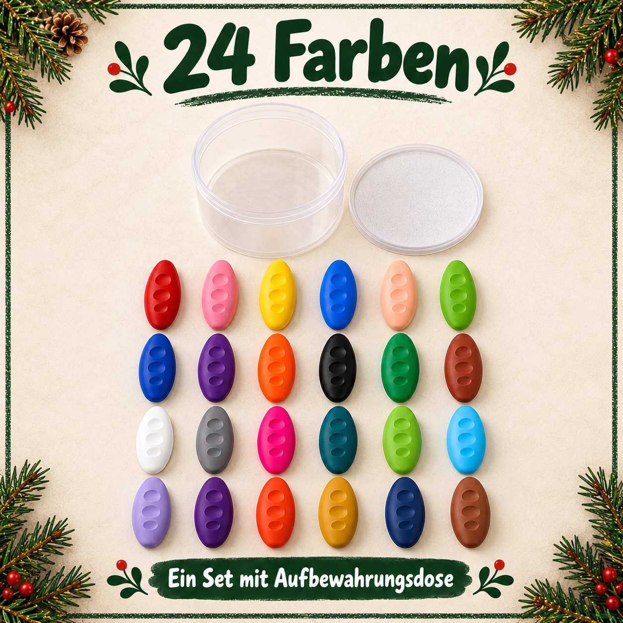 Ein Set mit vierundzwanzig Wachsmalstiften und einer Aufbewahrungsdose