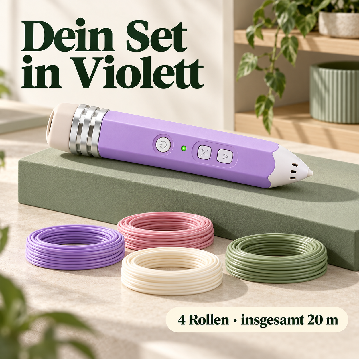 Ein 3D-Stift in Violett mit vier Materialrollen