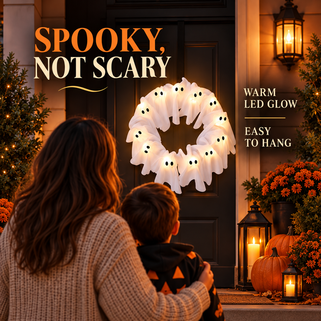 Spøkelseskrans med 12 lys – lysende halloweenpynt til døren