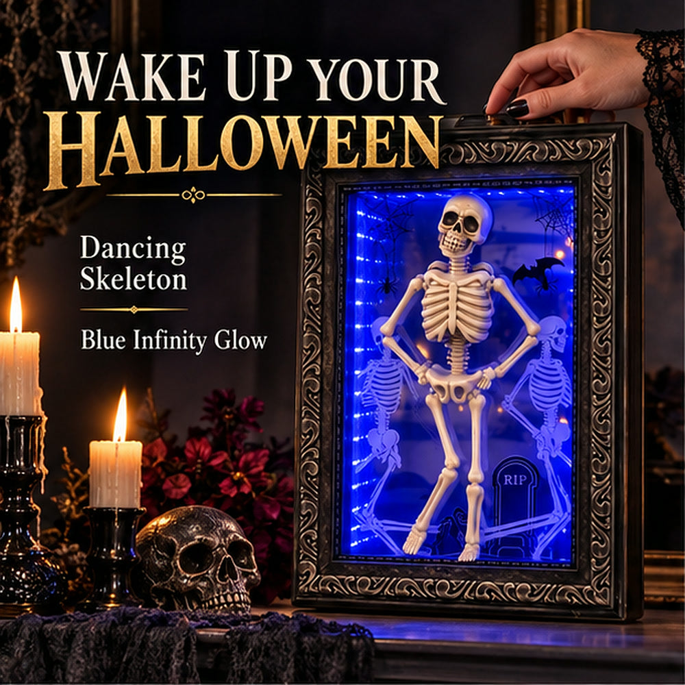 Infinity-spejlramme med lys og dansende skelet – animeret halloweenpynt
