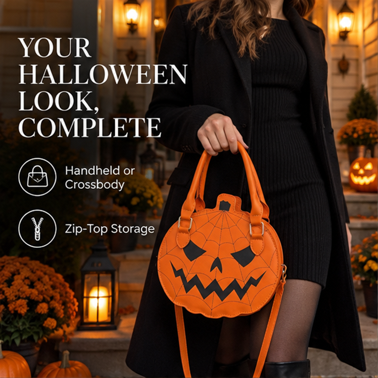 Oransje gresskarveske med spindelvev – halloween-skulderveske