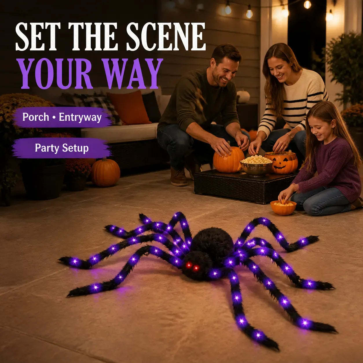 Family Halloween display with a purple light-up spider