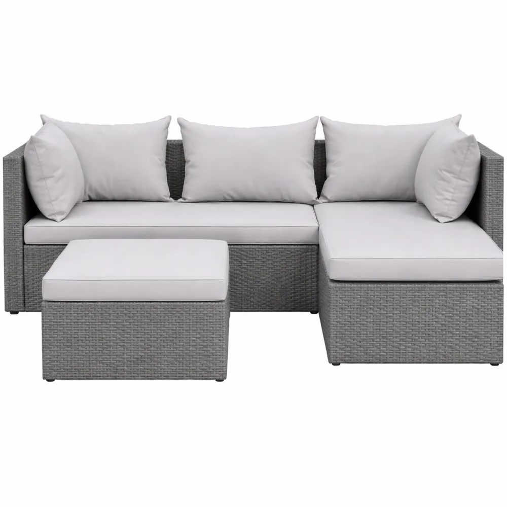 Salon de Jardin 4 Places en Résine Tressée Moderne avec Canapé d'Angle Réversible et Pouf