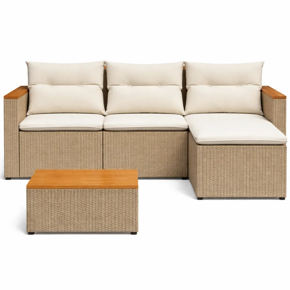 Ensemble de Salon de Jardin 3 pièces en Résine Tressée, Beige