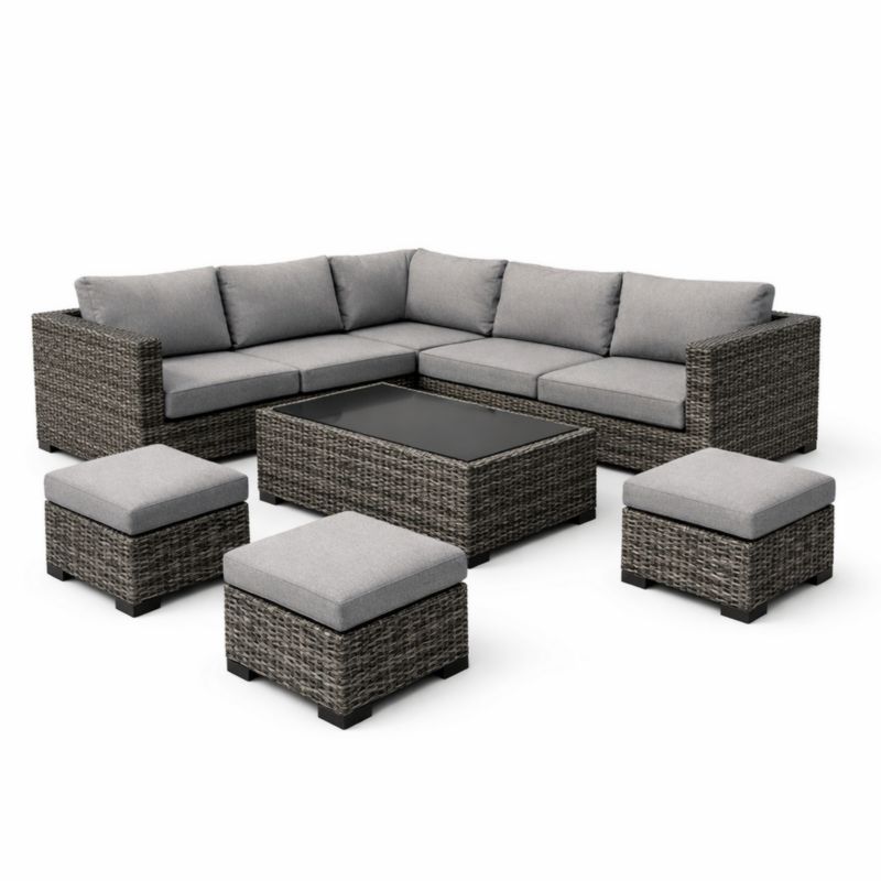 Ensemble de salon de jardin en rotin gris avec table en verre et coussins en polyester