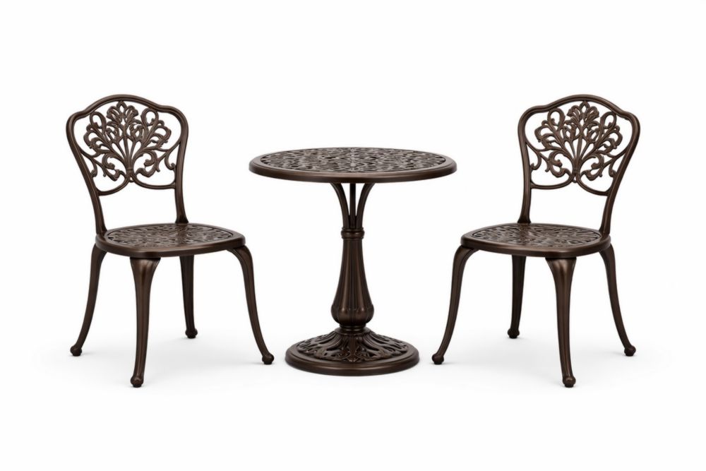 Ensemble café d'extérieur avec table bistro ronde en aluminium brun et 2 chaises