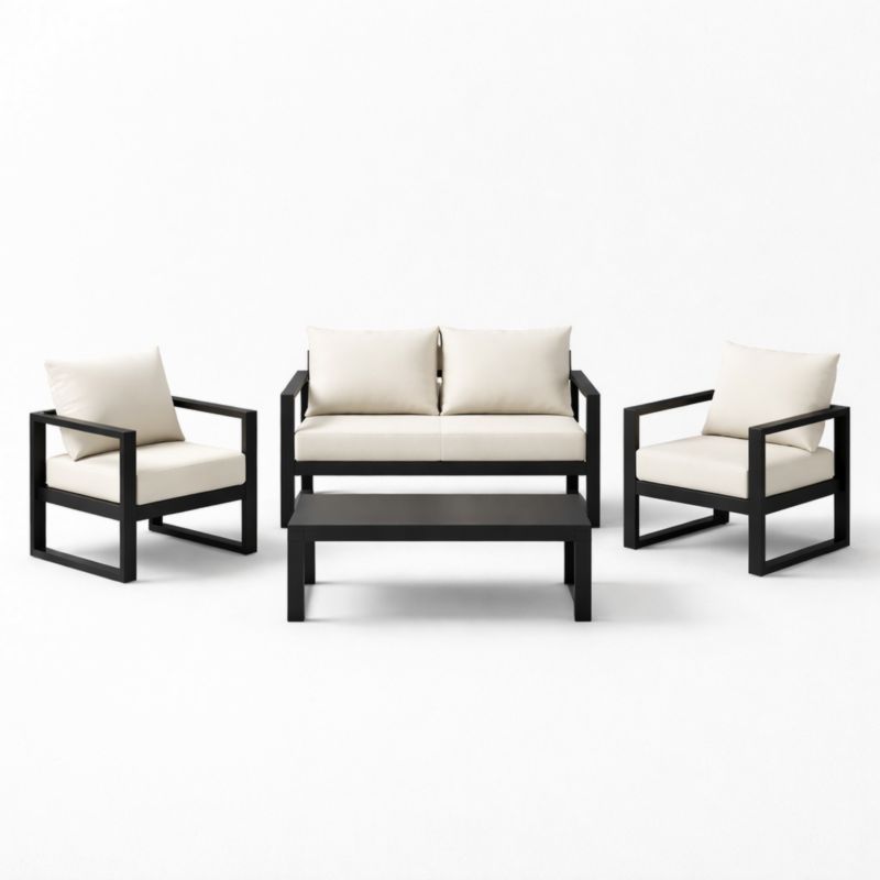 Ensemble de Mobilier de Jardin en Aluminium Noir avec Coussins Écrus