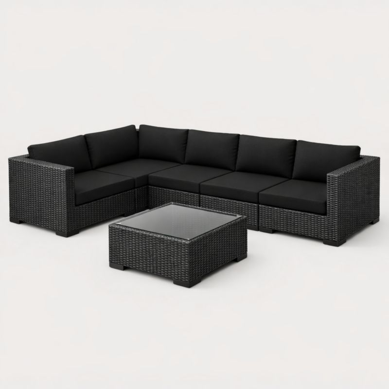 Ensemble canapé extérieur en résine tressée noire avec table basse en verre