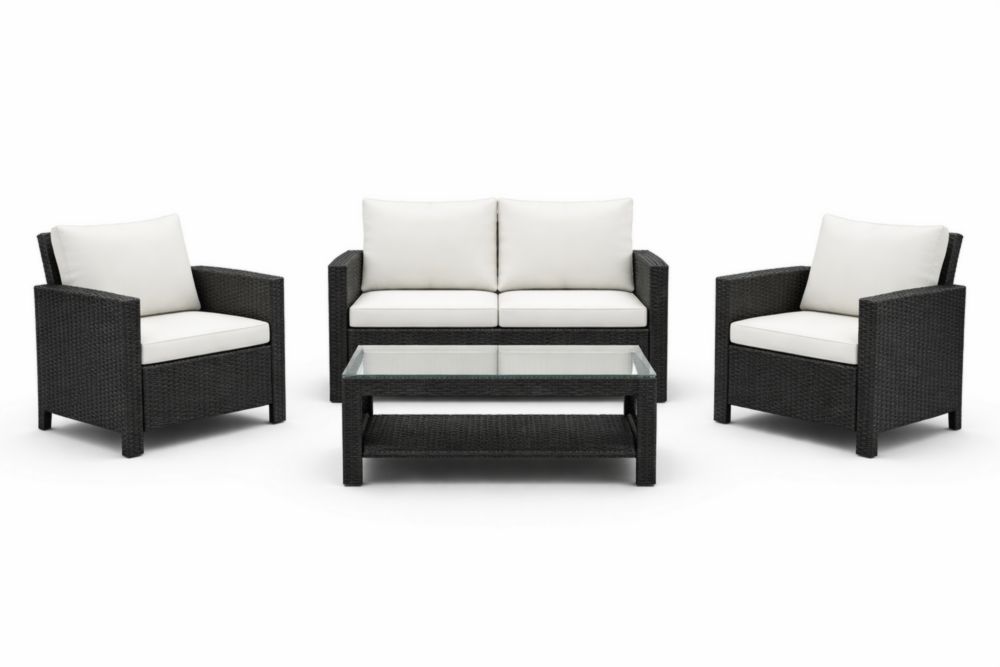 Ensemble salon jardin en résine tressée avec table en verre