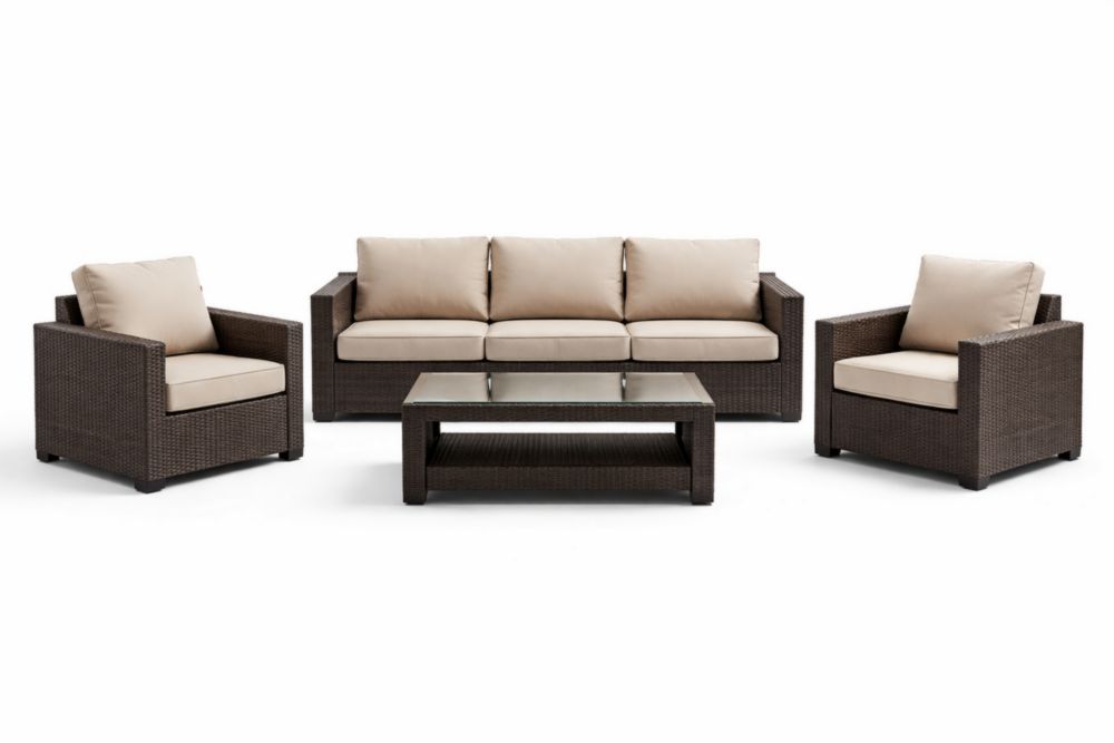 Set de salon de jardin en résine tressée avec table basse en verre trempé