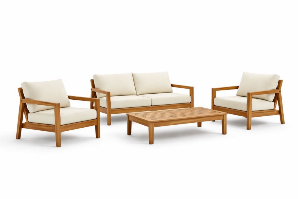 Ensemble salon de jardin en bois d'acacia et polyester 4 pièces Crème