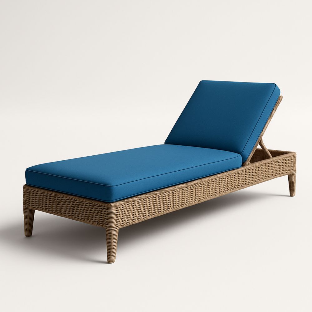 Chaise Longue en Rotin et Coussin Bleu Réglable