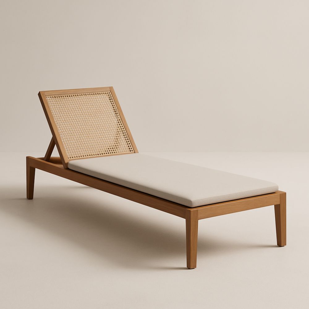 Chaise Longue Bois et Rotin avec Coussin Crème