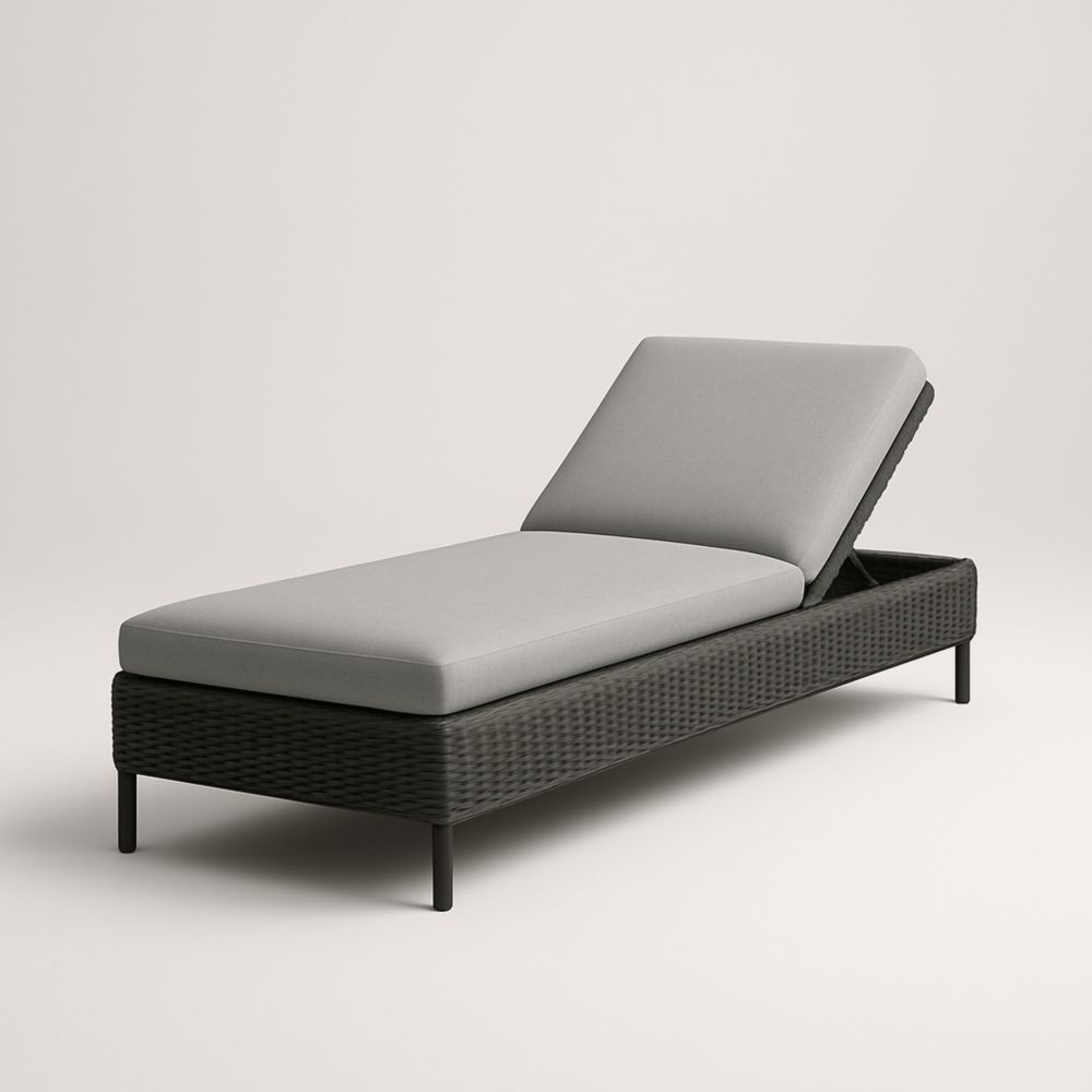 Chaise longue en résine tressée noire avec coussin gris réglable