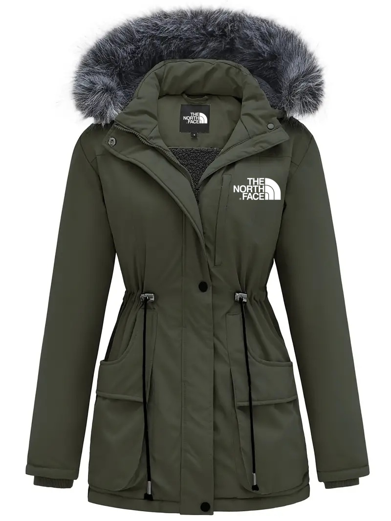 2025 TNF-Manteau élégant pour femme à manches longues, avec bordure duveteuse et capuche, vêtement d’extérieur chaud à cordon pour temps froid
