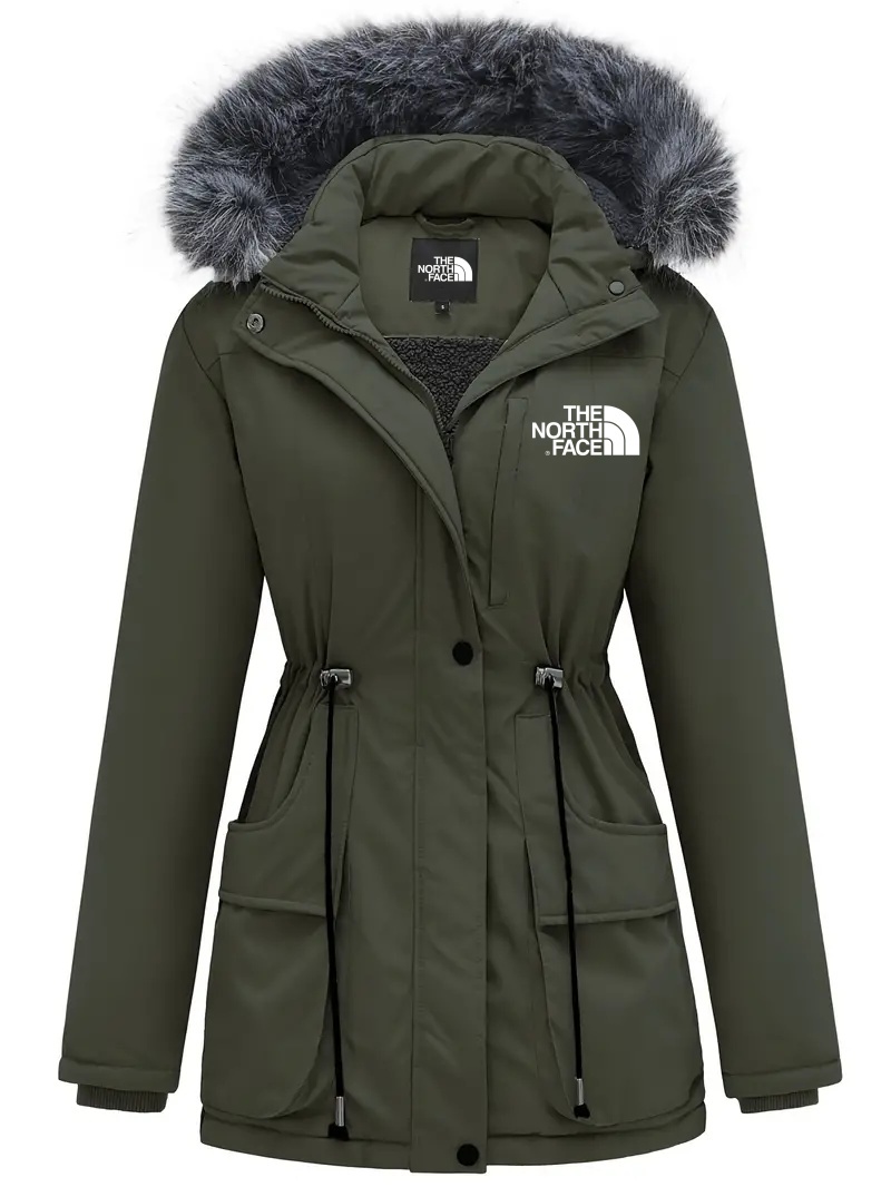 2025 TNF-Manteau élégant pour femme à manches longues, avec bordure duveteuse et capuche, vêtement d’extérieur chaud à cordon pour temps froid