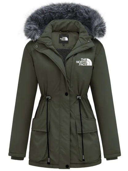 2025 TNF-Manteau élégant pour femme à manches longues, avec bordure duveteuse et capuche, vêtement d’extérieur chaud à cordon pour temps froid