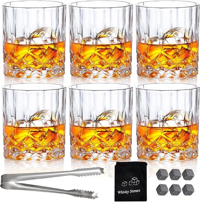 Juego de 6 vasos de whisky vintage de 300 ml, vasos de cristal para beber whisky escocés, bourbon, brandy, ron, cóctel, hogar, bar, fiesta