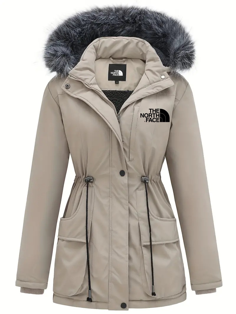 2025 TNF-Manteau élégant pour femme à manches longues, avec bordure duveteuse et capuche, vêtement d’extérieur chaud à cordon pour temps froid