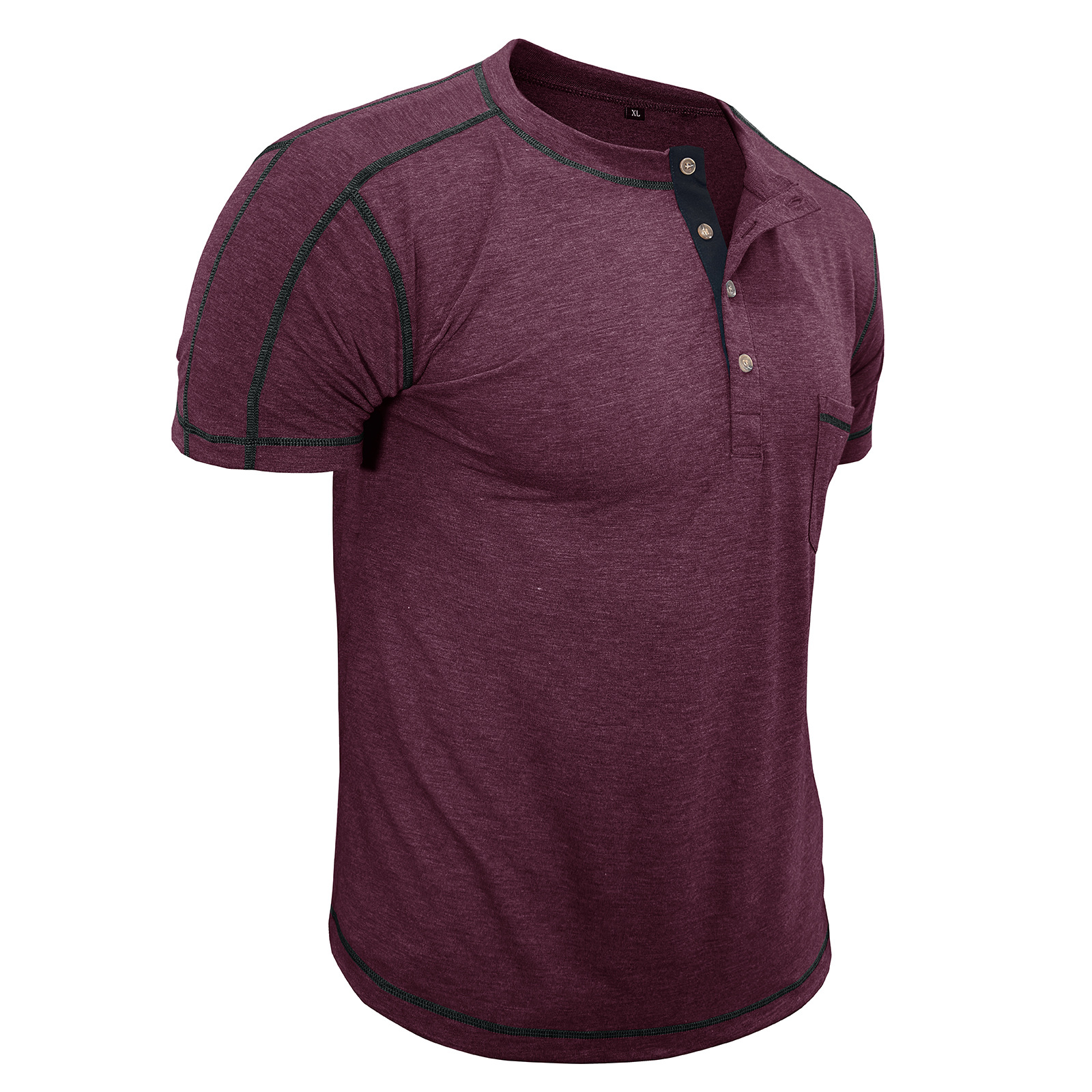 Men's Fashion Contrast-Color Short-Sleeve Henley Base Layer T-Shirt with Round Neck
