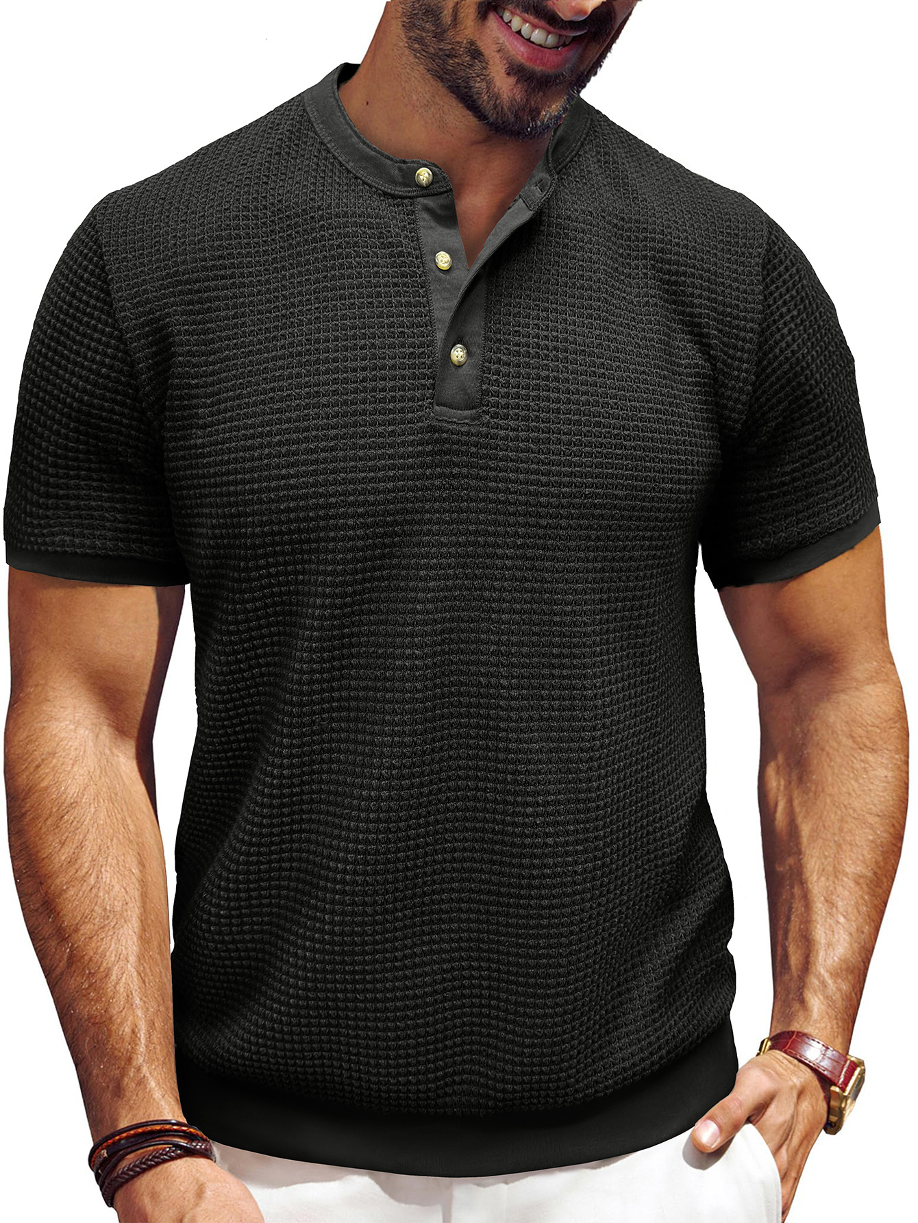Men's Short-Sleeved Textured Knit Henley T-Shirt Pullover