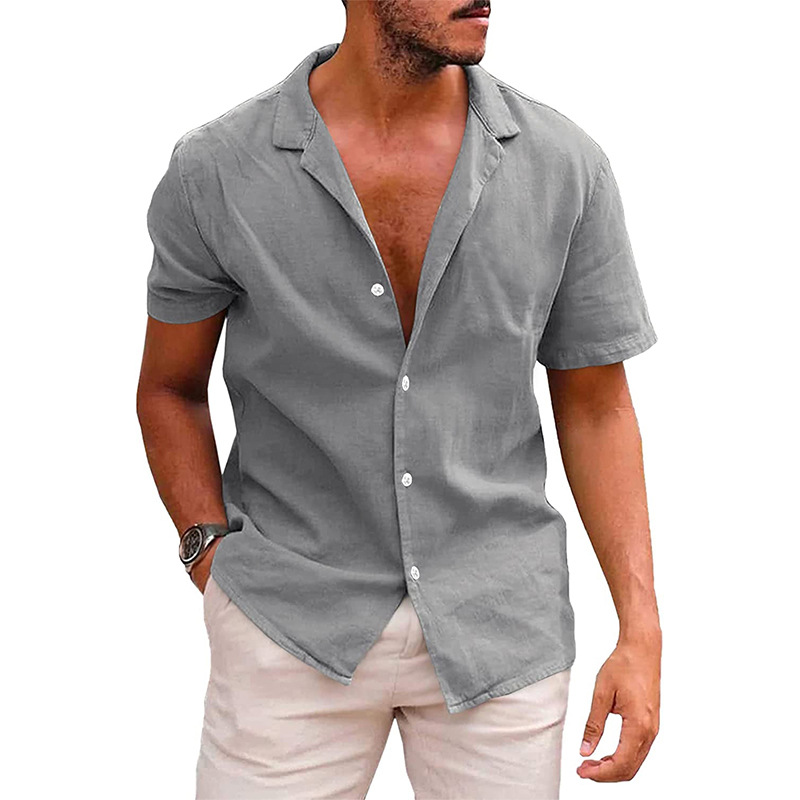 Summer Men's Button-Up Short-Sleeved Turn-Down Collar Solid Color Cotton Linen Shirt