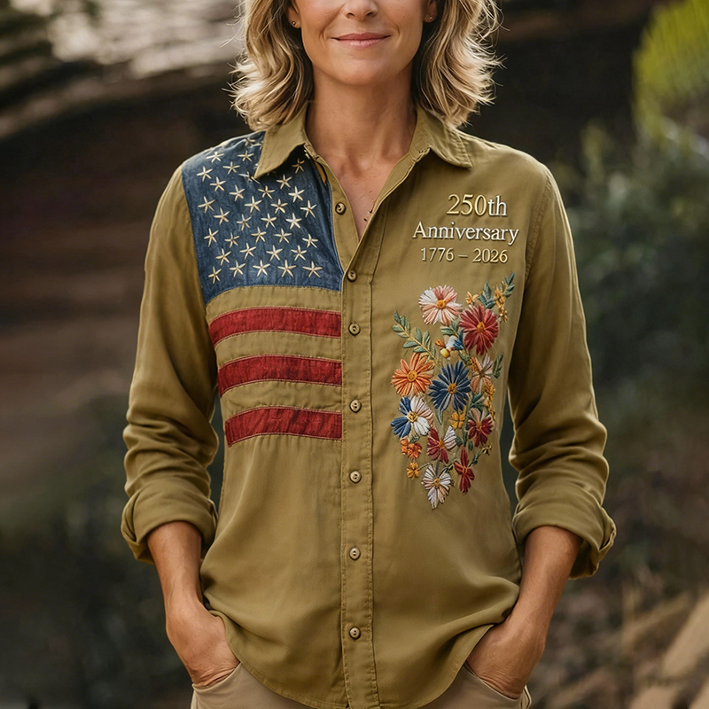 Women's 250th Anniversary American Flag Floral Embroidered Button-Up Shirt