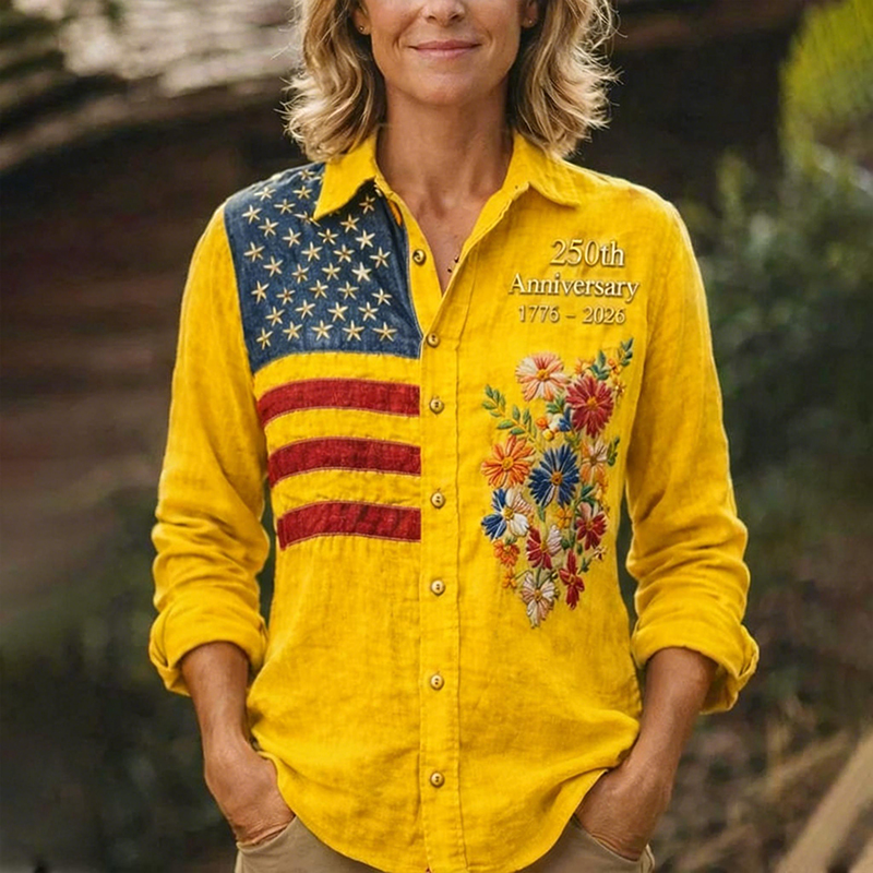 Women's 250th Anniversary American Flag Floral Embroidered Button-Up Shirt