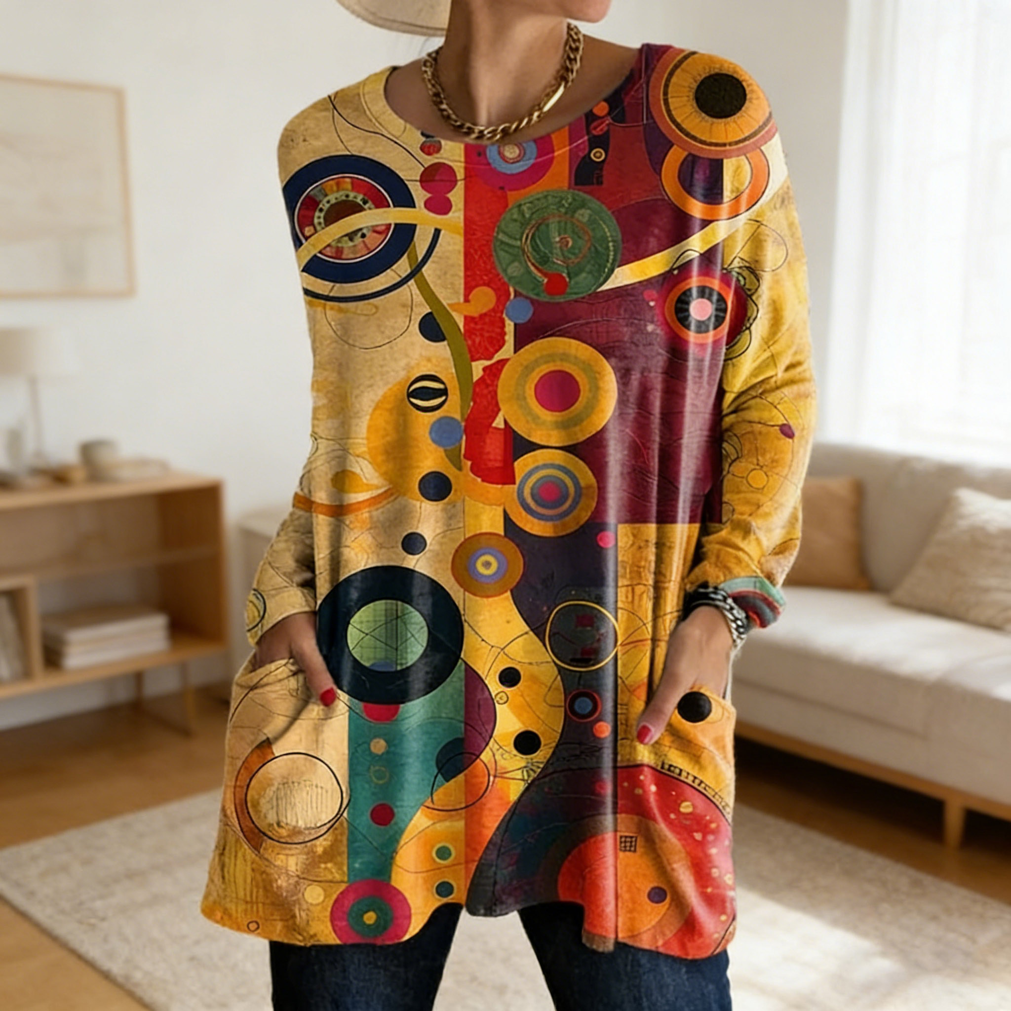 Vintage Boho Colorful Geometric Circle Print Round Neck Loose Fit Pocket Long Sleeve Tunic Top