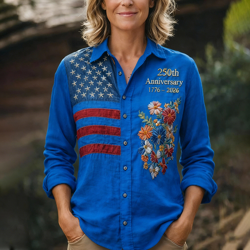 Women's 250th Anniversary American Flag Floral Embroidered Button-Up Shirt