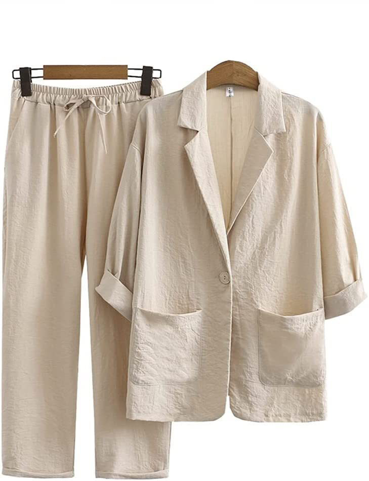 Women'S Commuter Suits Cotton And Linen Jacket Pants Pocket Loose Fashion Casual Suit