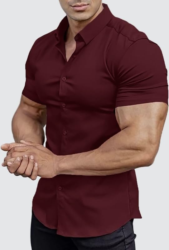Men’s Muscle Fit Dress Shirts Athletic Slim Fit Short Sleeve Stretch Casual Button Down Shirt